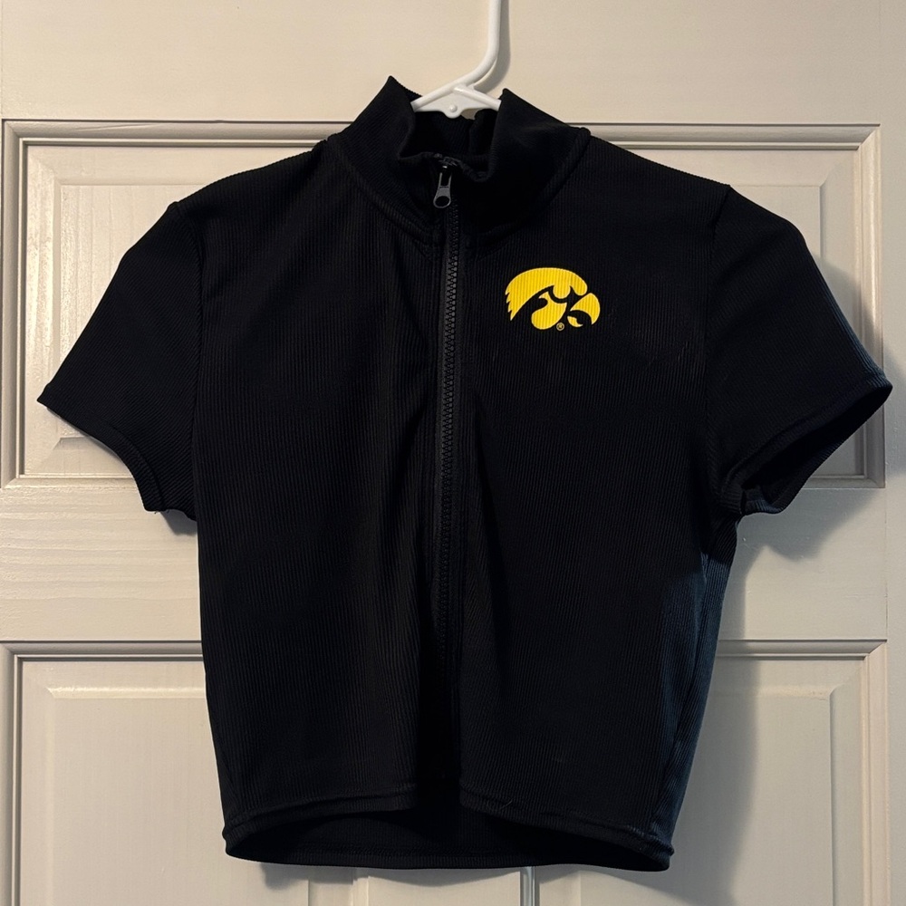 Black Short Sleeve Zip-Up crop top with Iowa Hawkeye Logo